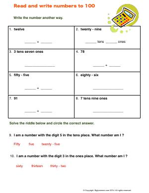 Preview image for worksheet with title Read and Write Numbers to 100