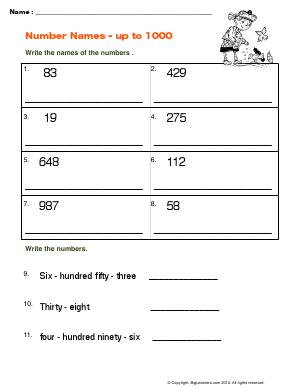 Preview image for worksheet with title Number Names - up to 1000
