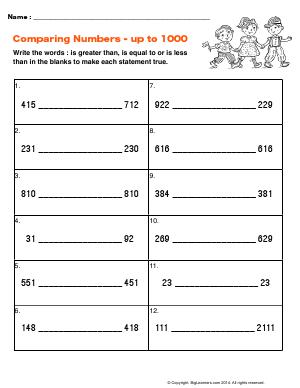 Preview image for worksheet with title Comparing Numbers - up to 1000