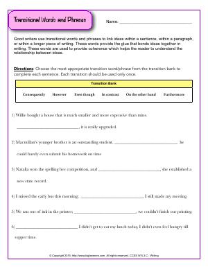 Preview image for worksheet with title Transitional Words and Phrases