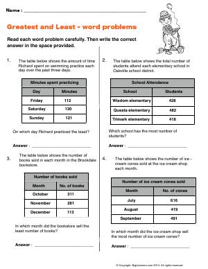 Preview image for worksheet with title Greatest and Least - word problems