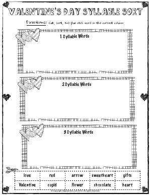 Preview image for worksheet with title Valentine’s Day Syllable Sort