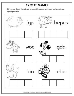 Preview image for worksheet with title Animal Names