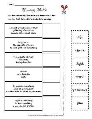 Preview image for worksheet with title Meanings Match