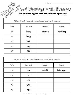 Preview image for worksheet with title Word Meanings With Prefixes