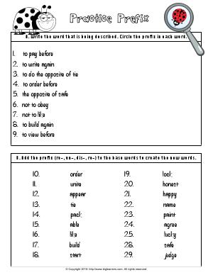 Preview image for worksheet with title Practice Prefix