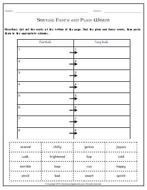 Preview image for worksheet with title Sorting Fancy and Plain Words