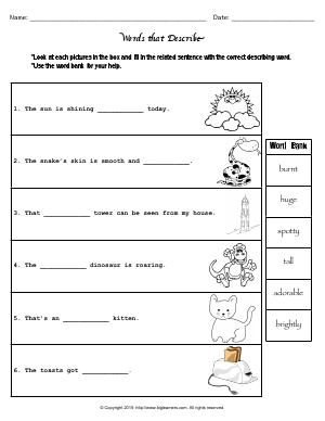 Preview image for worksheet with title Words that Describe