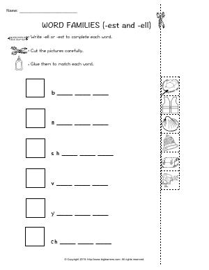 Preview image for worksheet with title WORD FAMILIES (-est and -ell)
