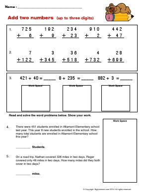 Preview image for worksheet with title Add Two Numbers (up to three digits)