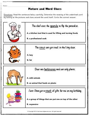 Preview image for worksheet with title Picture and Word Clues