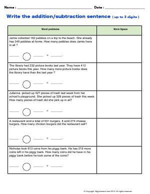 Preview image for worksheet with title Write the Addition/Subtraction Sentence (up to 3 digits)