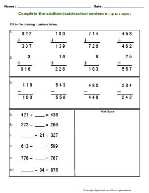 Preview image for worksheet with title Complete the Addition/Subtraction Sentence (up to 3 digits)