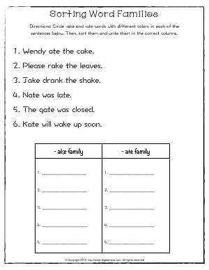Preview image for worksheet with title Sorting Word Families