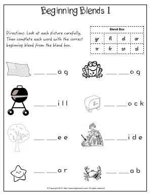 Preview image for worksheet with title Beginning Blends 1 (gr, fl, cl, cr, tr, fr, st,	sl)