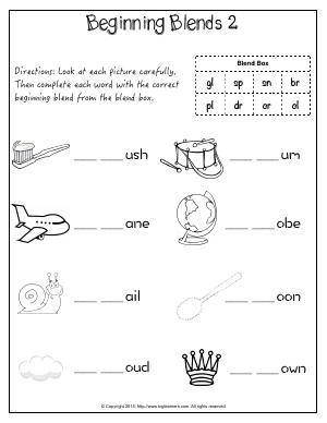 Preview image for worksheet with title Beginning Blends 2 (gl	, sp,	sn, br,  pl, dr, cr, cl)
