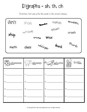 Preview image for worksheet with title Digraphs - sh, th, ch