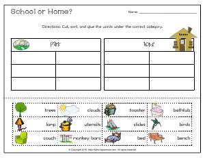 Preview image for worksheet with title School or Home?