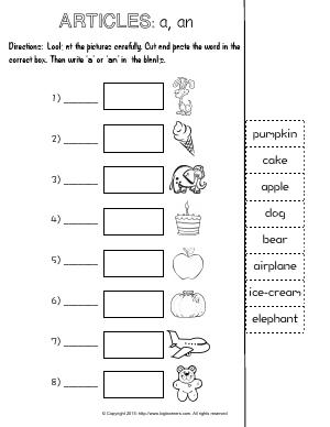 Preview image for worksheet with title Articles: a, an