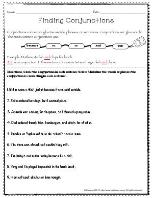 Preview image for worksheet with title Finding Conjunctions