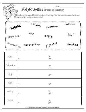 Preview image for worksheet with title Adjectives : Shades of Meaning