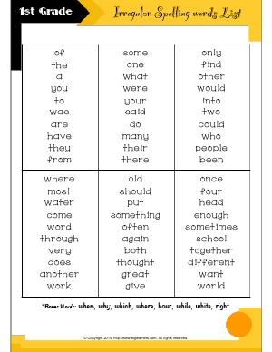 Preview image for worksheet with title First Grade - Irregular Spelling words List