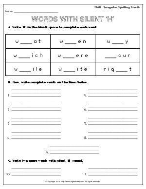 Preview image for worksheet with title Words With Silent ‘H’