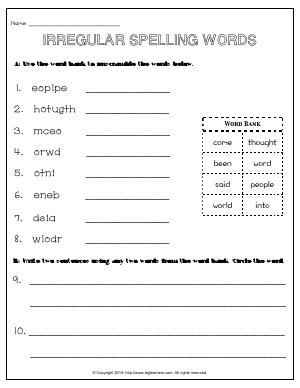 Preview image for worksheet with title Irregular Spelling Words