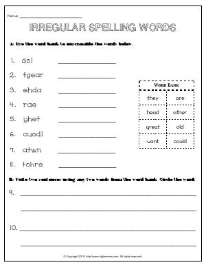 Preview image for worksheet with title Irregular Spelling Words