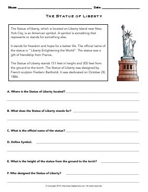 Preview image for worksheet with title The Statue of Liberty