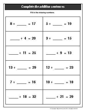 Preview image for worksheet with title Complete the Addition Sentences