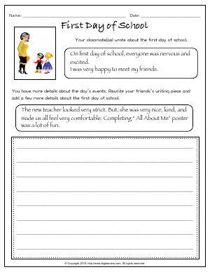 Preview image for worksheet with title First Day of School