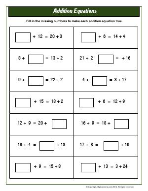 Preview image for worksheet with title Addition Equations