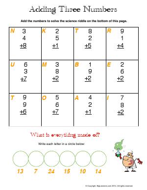 Preview image for worksheet with title Adding Three Numbers