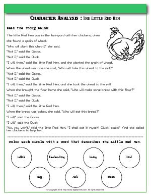 Preview image for worksheet with title Character Analysis : The Little Red Hen