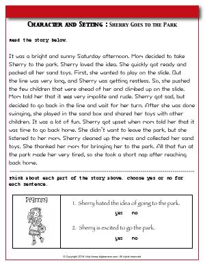 Preview image for worksheet with title Character and Setting : Sherry Goes to the Park