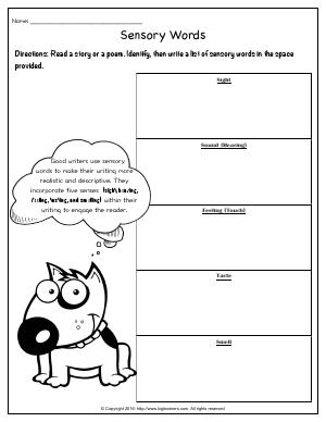 Preview image for worksheet with title Sensory Words