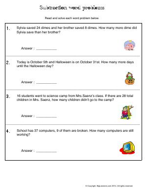 Preview image for worksheet with title Subtraction Word Problems