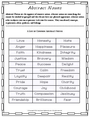 Preview image for worksheet with title Abstract Nouns