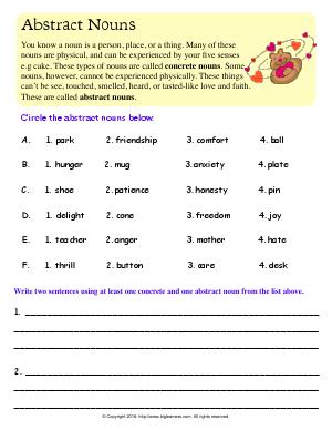 Preview image for worksheet with title Abstract Nouns