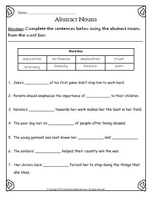 Preview image for worksheet with title Abstract Nouns