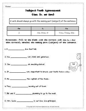 Preview image for worksheet with title Subject-Verb Agreement (Am, Is, or Are)