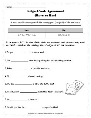 Preview image for worksheet with title Subject-Verb Agreement (Have or Has)