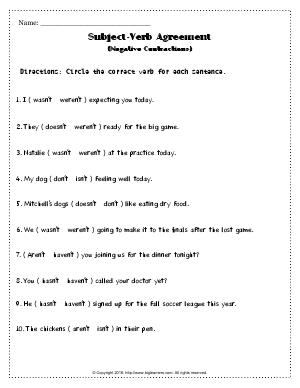 Preview image for worksheet with title Subject-Verb Agreement (Negative Contractions)