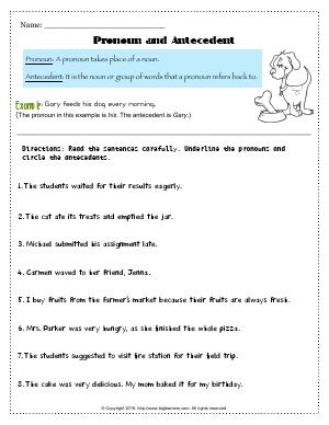 Preview image for worksheet with title Pronoun and Antecedent # 1