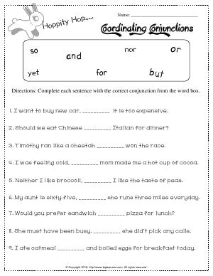 Preview image for worksheet with title Hoppity Hop Coordinating Conjunctions