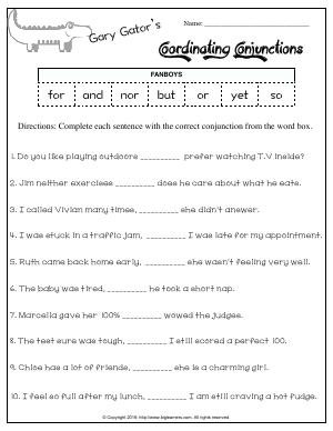 Preview image for worksheet with title Gary Gator’s Coordinating Conjunctions  (FANBOYS)