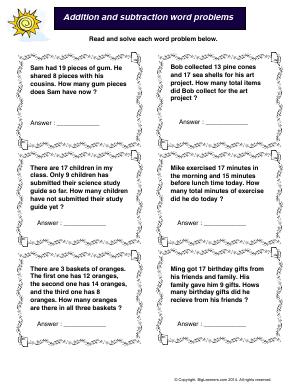 Preview image for worksheet with title Addition and Subtraction Word Problems