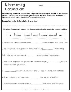 Preview image for worksheet with title Subordinating Conjunctions