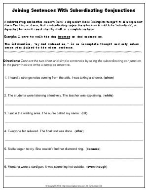 Preview image for worksheet with title Joining Sentences With Subordinating Conjunctions